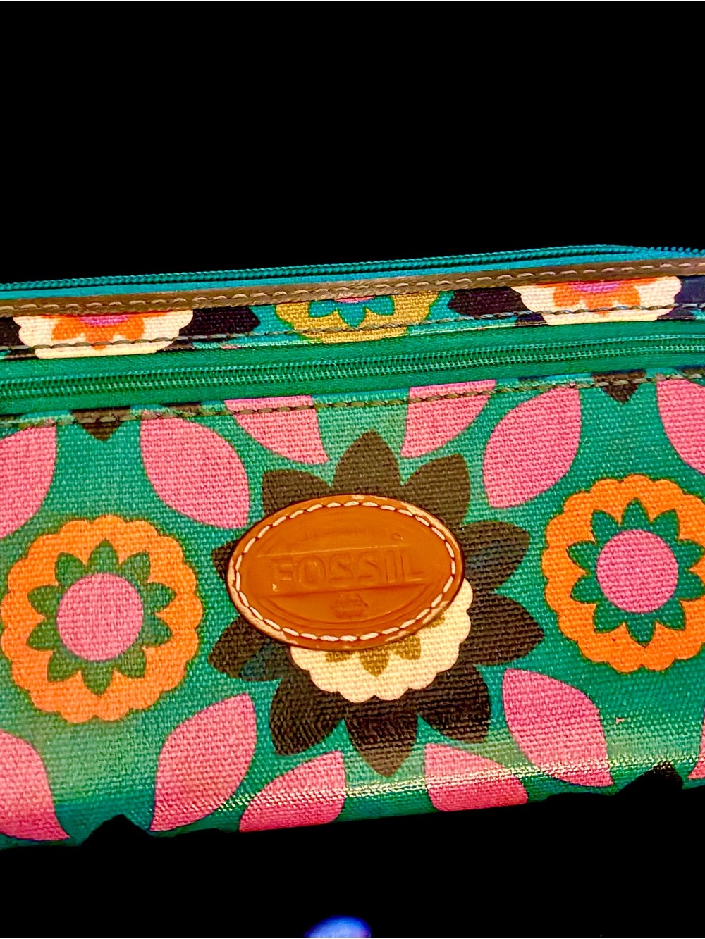 Fossil Teal Floral Canvas Cosmetic Pouch with Pink & Orange Accents